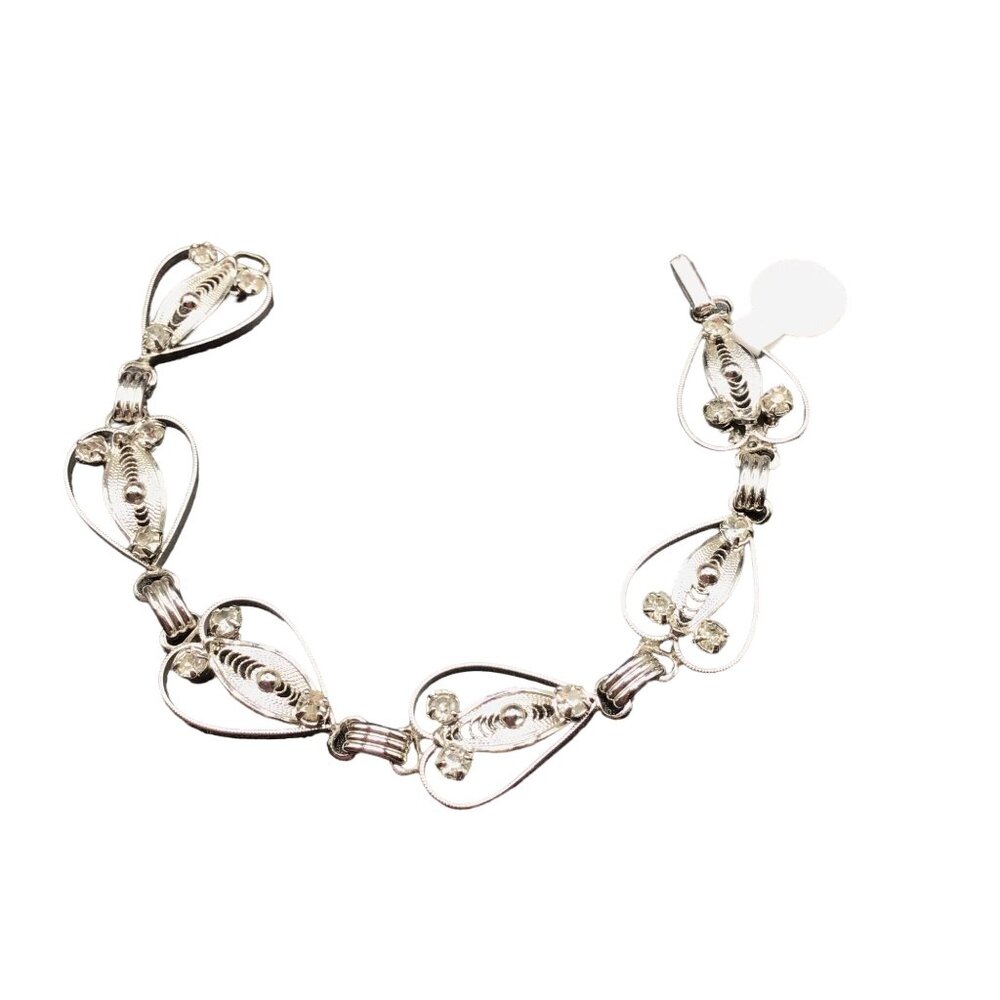 Vtg Filigree Bracelet Sterling Silver Heart Shaped Scrolls Link and Rhinestones